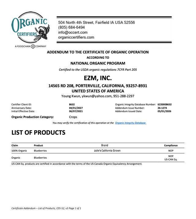 Organic Certification Addendum: Certified Products (first page preview)